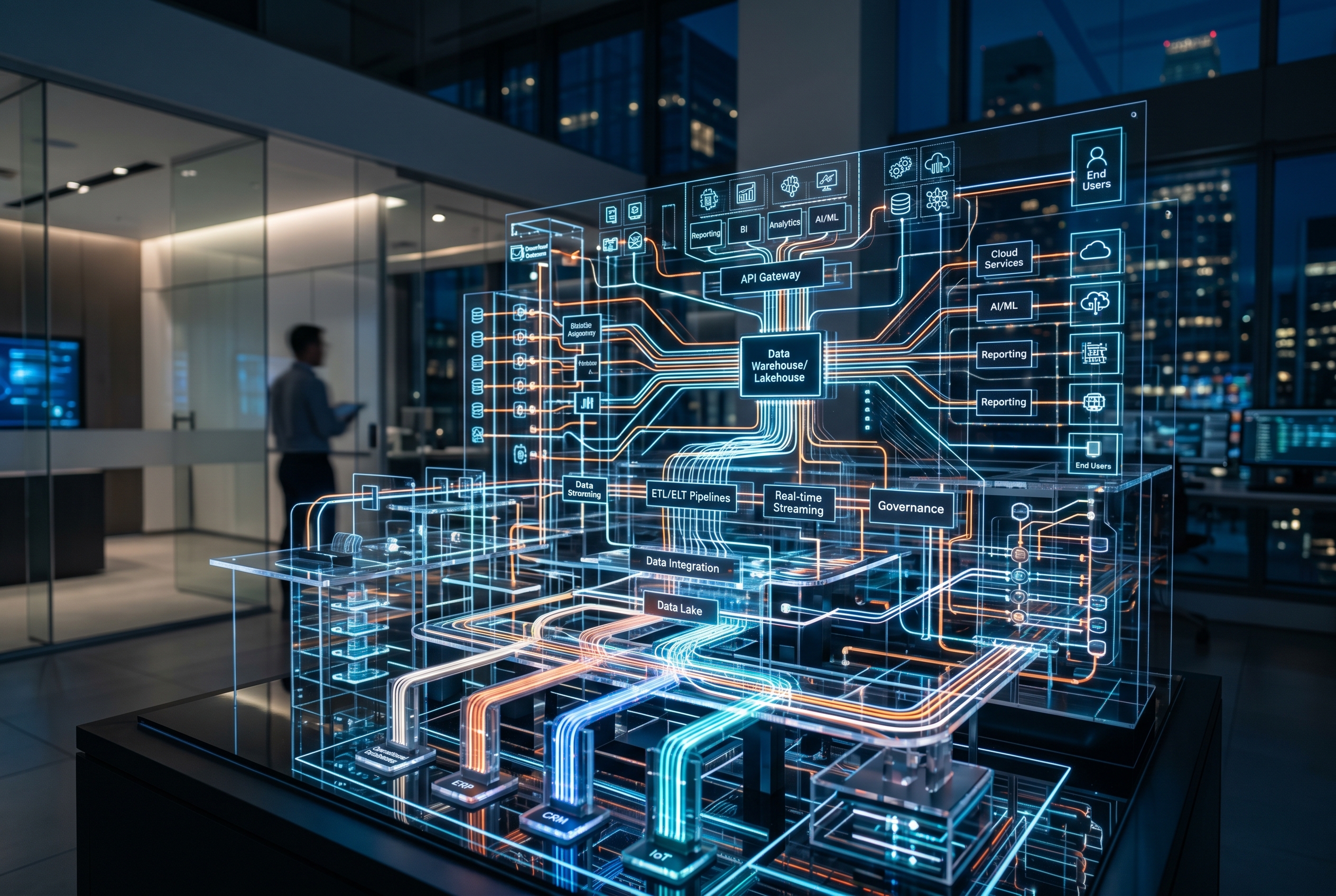 Karmaşık bir kurumsal veri mimarisini temsil eden şema veya grafik