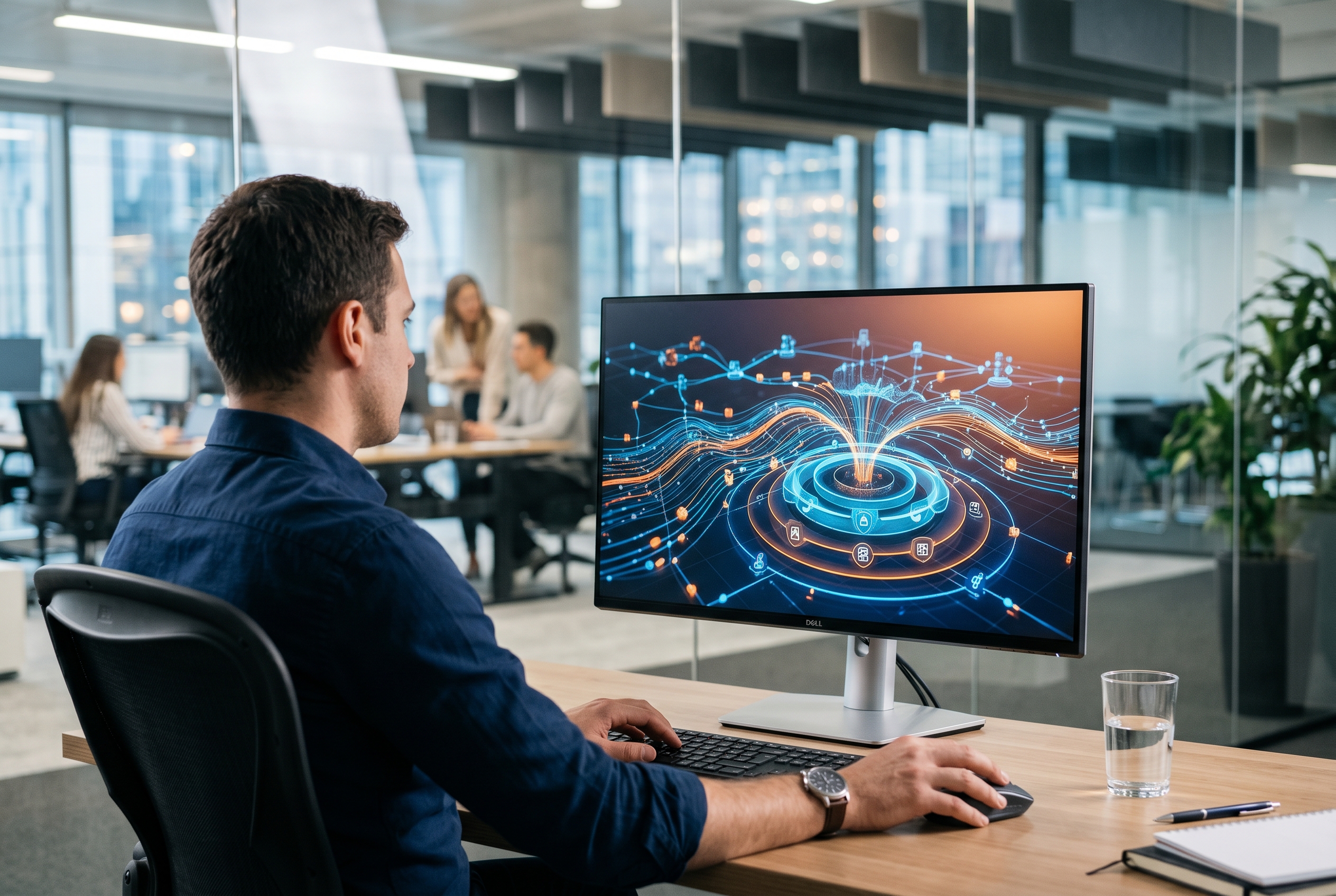 Modern bir ofis ortamında bilgisayar ekranında veri trafiğini ve siber güvenlik katmanlarını simgeleyen dijital görsel