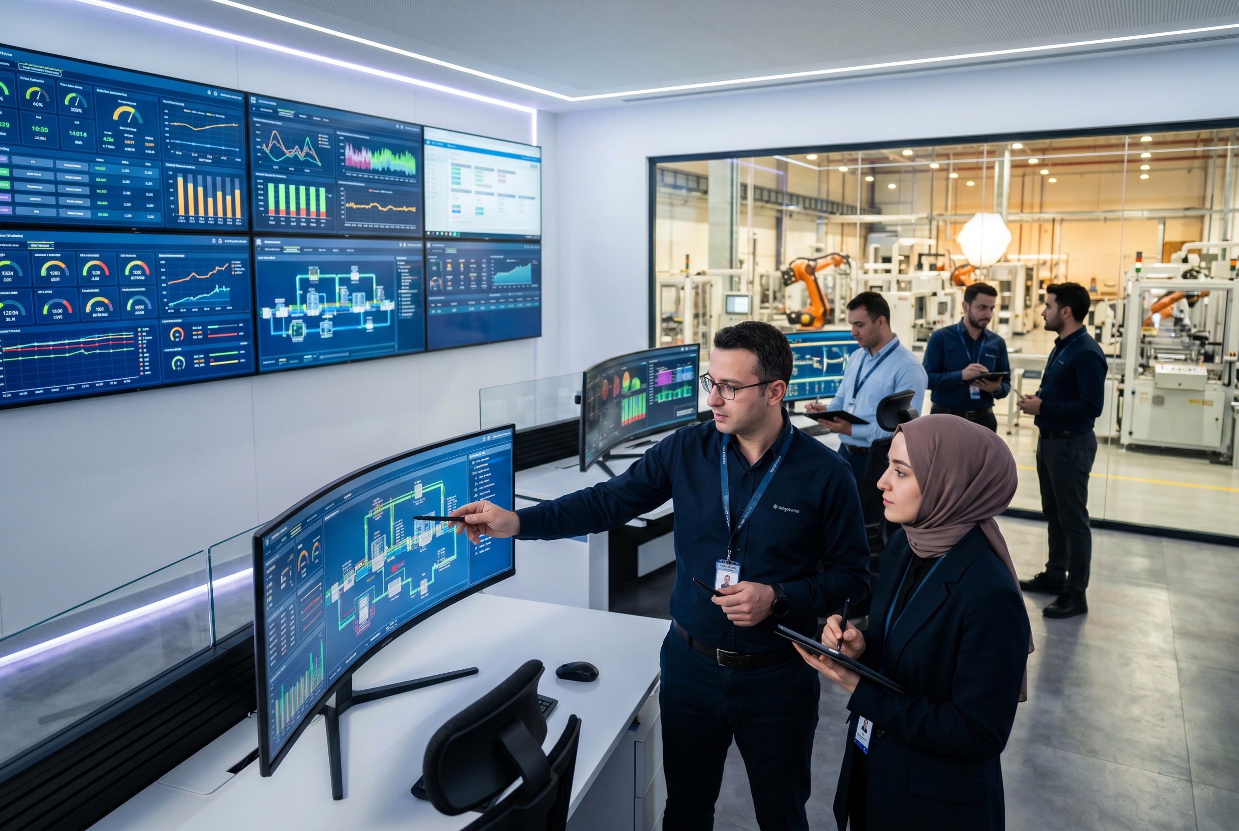 Modern bir üretim tesisinde veri akışını inceleyen mühendisler ve dijital kontrol panelleri