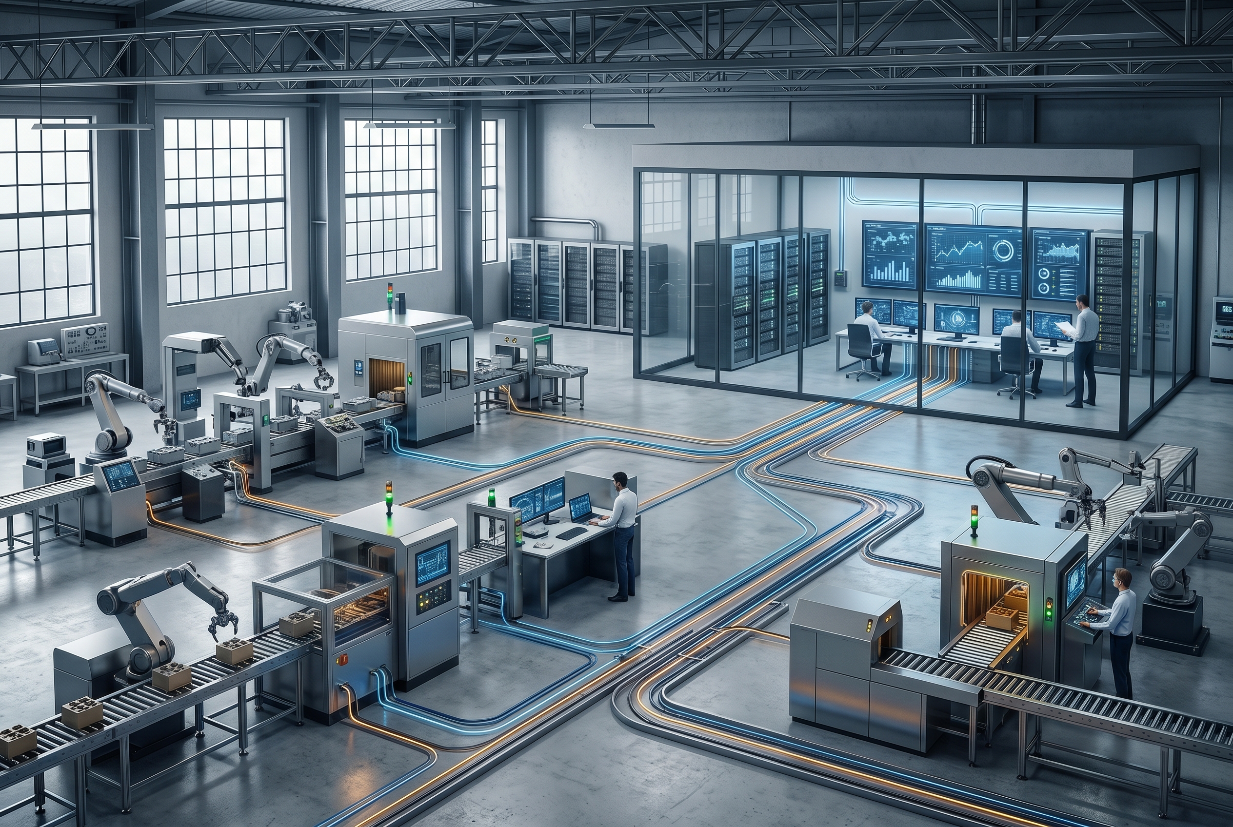 Endüstriyel üretim hattı ile entegre, merkezi bir veri yönetim sistemini temsil eden teknik şema