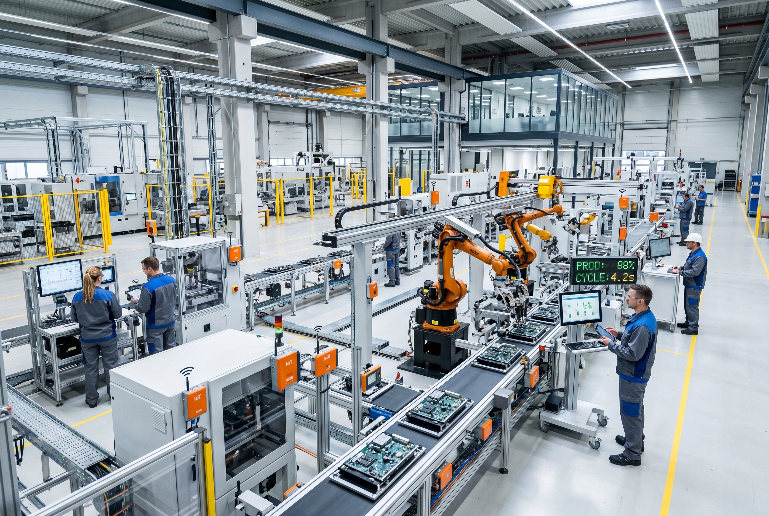 Fabrika zemininde IoT sensörleri ile veri toplayan modern bir üretim hattının genel görünümü