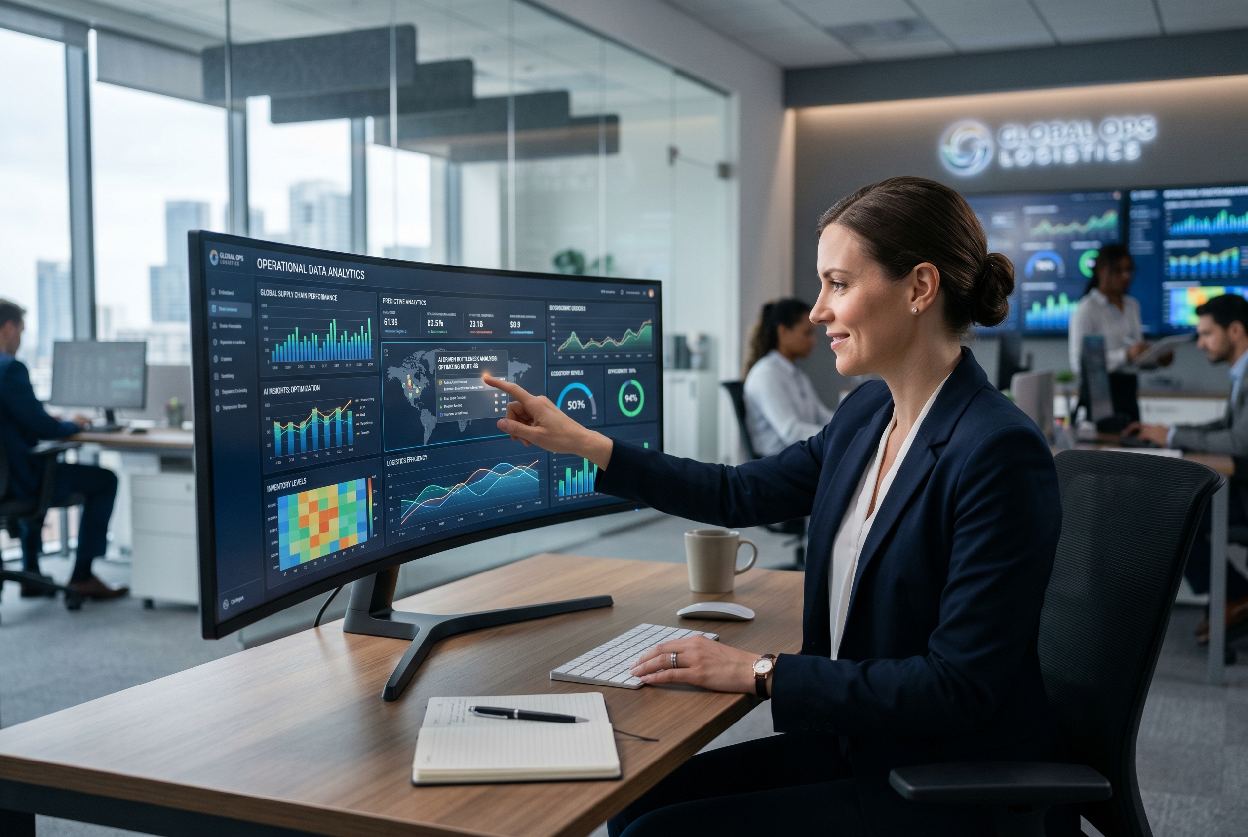 Bir operasyon yöneticisinin dijital bir dashboard üzerinde yapay zeka ile veri analizini optimize ettiği profesyonel çalışma ortamı