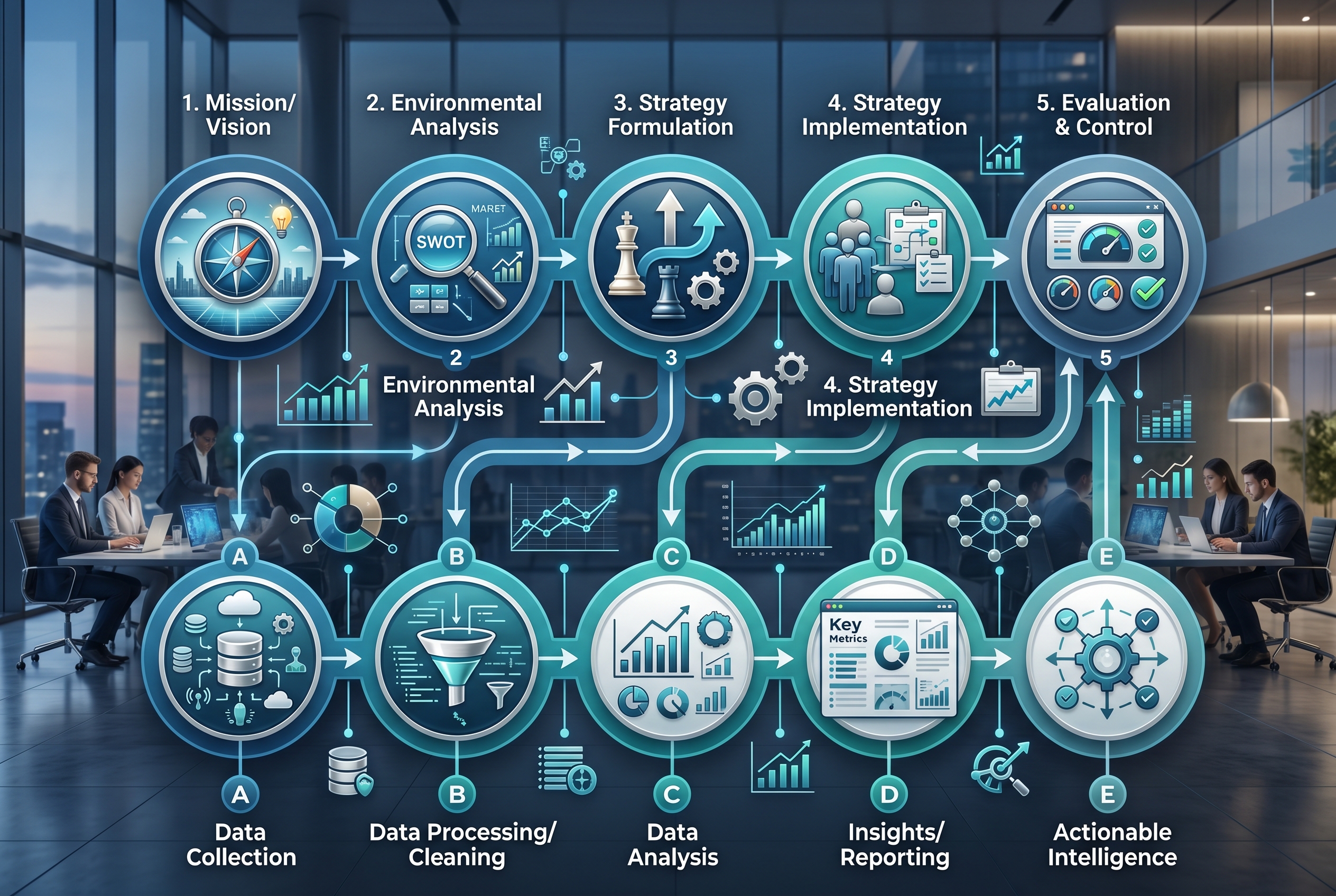 Stratejik planlama sürecini ve veri işleme adımlarını gösteren bir infografik